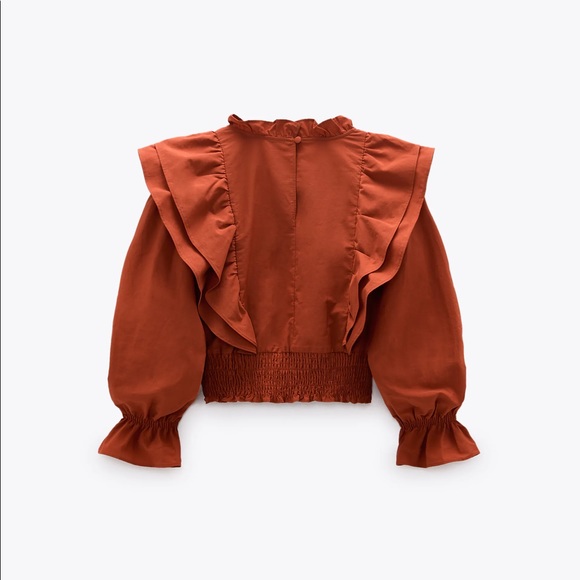 ZARA - RUFFLED POPLIN SHIRT - Burnt Orange - Picture 8 of 11